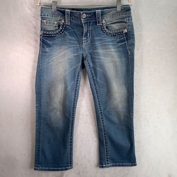 Miss Me Cuffed Capri Jeans JP7593P Womens Size 27 Light Wash Bling Floral - Picture 1 of 7